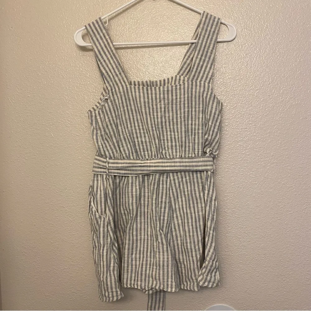 Zara Linen Blend Blue White Striped Belted Romper Button Front Coastal XS